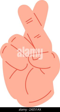 Mano umana con due dita incrociate di fortuna e immagine piatta dell'icona di Promise Concept. Braccio di cartoni animati maschile che mostra false speranze superstizione disonesta Illustrazione Vettoriale