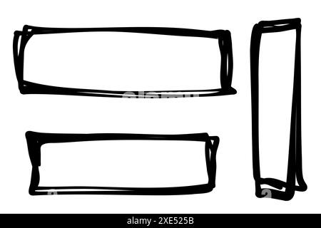 Cornici per marcatori e caselle di testo, set di elementi disegnati a scarabocchi con trama grunge. Illustrazione vettoriale. Illustrazione Vettoriale