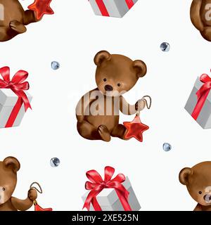 Orso di Natale, confezione regalo, campane. Motivo senza cuciture. Illustrazione vettoriale disegnata a mano. Per biglietti di Capodanno, carta da imballaggio, scatole, tessuti, coperture Illustrazione Vettoriale