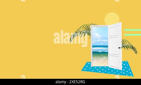 Ha aperto la porta sulla spiaggia con un cielo blu su uno sfondo colorato. Arte collage Foto Stock