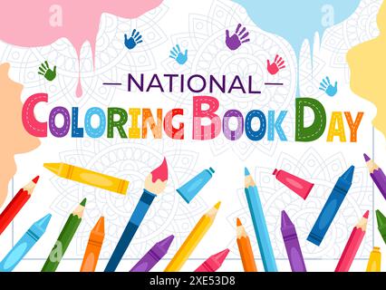 Illustrazione vettoriale National Coloring Book Day per il 2 agosto con matite colorate o pastelli per disegnare su uno sfondo a cartone piatto Illustrazione Vettoriale