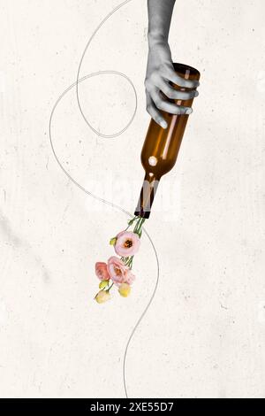 Collage verticale con poster, birra, vino, bottiglia di champagne, fiori di vetro, regalo per le donne, bouquet in fiore di aprile marzo, frammento di corpo a mano, tenuta Foto Stock