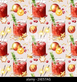 Cocktail di mirtilli natalizi con motivo senza cuciture. Illustrazione ad acquerello disegnata a mano isolata su sfondo bianco Foto Stock