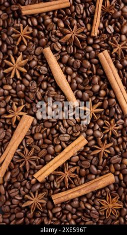 Chicchi di caffè tostati, bastoncini di cannella e anice stellato, full frame Foto Stock