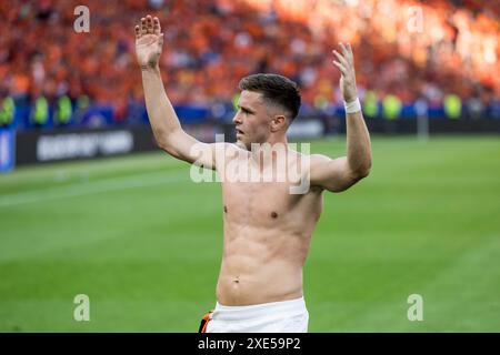 Berlino, Germania. 25 giugno 2024. Christoph Baumgartner (19) dell'Austria visto nei festeggiamenti dopo la partita di UEFA Euro 2024 nel gruppo D tra Paesi Bassi e Austria all'Olympiastadion di Berlino. Credito: Gonzales Photo/Alamy Live News Foto Stock