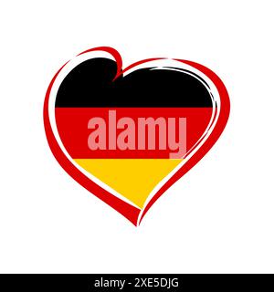 Carino a forma di cuore con bandiera tedesca e maschera di ritaglio. Modello badge. Simbolo delle festività pubbliche. Design alla moda. Segno di contorno e sfondo della bandiera. Illustrazione Vettoriale
