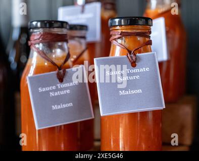 Salsa passata di pomodoro fatta in casa in bottiglie marcate in vetro trasparente, in vendita in un negozio nella Valle della Loira nel sud della Francia. Foto Stock