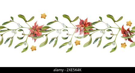 Fiori di Poinsettia, baubles stellari d'oro, foglie di vischio. Illustrazione disegnata a mano in acquerello, striscione senza cuciture isolato su bianco. Natale, felice anno nuovo Foto Stock