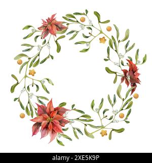 Fiori di Poinsettia, baubles stellari d'oro, foglie di vischio. Illustrazione disegnata a mano in acquerello, telaio della corona circolare isolato su bianco. Natale, felice nuovo Foto Stock