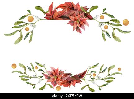 Fiori di Poinsettia, baubles stellari d'oro, foglie di vischio. Illustrazione disegnata a mano in acquerello, copia cornice spaziale isolata su bianco. Natale, felice anno nuovo Foto Stock