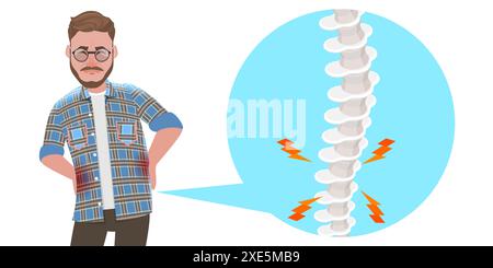 Illustrazione concettuale piatta isometrica 3D dell'uomo con mal di schiena, effetti di abitudini dannose sulla colonna vertebrale umana 3D Isometric Flat Co Foto Stock