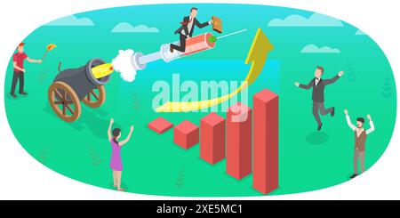 Illustrazione concettuale piatta isometrica 3D della ripresa economica post pandemia Covid-19, stimolo economico governativo 3D isometrica Foto Stock