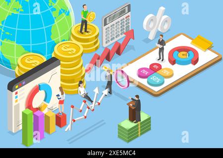 Illustrazione concettuale piatta isometrica 3D di macroeconomia, sistema finanziario globale, prodotto interno lordo piatto isometrico 3D. Foto Stock