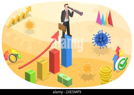 Illustrazione concettuale piatta isometrica 3D del ripristino pandemico aziendale, della riapertura post-pandemia e del rinnovo piatto isometrico 3D. Foto Stock