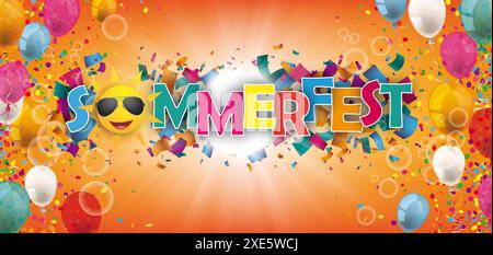 Sommerfest Funny Sun Confetti Balloons Sunbeam Orange Sky Header testo tedesco Sommerfest, Translate Summer Fair. Foto Stock