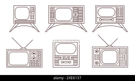 TV retrò in stile art di linea. Delinea la collezione vintage con schermo. Illustrazione vettoriale isolata su sfondo bianco. Illustrazione Vettoriale