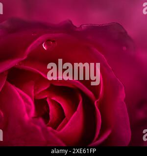 Sfondo di rose rosse con gocce di rugiada. Sfondo di fiori macro per il design delle vacanze Foto Stock