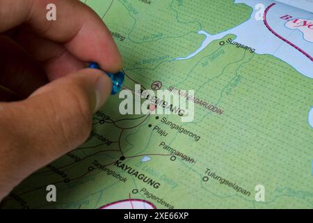 Pin on Map Palembang City, è la capitale della provincia di Sumatra meridionale, Indonesia Foto Stock