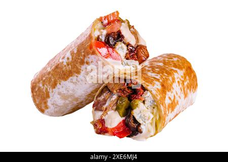 Panino fresco di lavanda sottile o pita ripieno di carne alla griglia Foto Stock