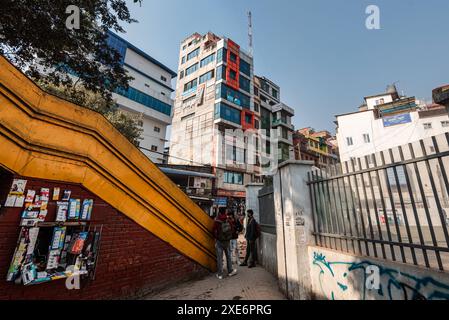 Ponte pedonale giallo e recinzioni che conducono l'occhio a un intricato edificio su New Road, Kathmandu, Nepal, Asia Copyright: CasparxSchlageter 1372-219 Foto Stock