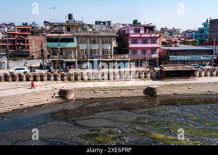 Ammira le acque inquinate del sacro fiume Bagmati di fronte alle tipiche case nepalesi, Pashupatinath, Kathmandu, Nepal, Asia Copyright: CasparxS Foto Stock