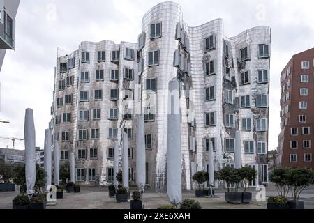 Vista del Neuer Zollhof il nuovo Zollhof, che prende il nome da un ex stabilimento doganale, un complesso di edifici nel Medienhafen e importante punto di riferimento del DUS Foto Stock