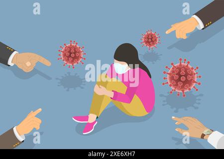 3D Isometric Flat Conceptual Illustration of COVID-19 Related bullying, People Blaming Young Woman Infected Corona virus 3D ISO Foto Stock