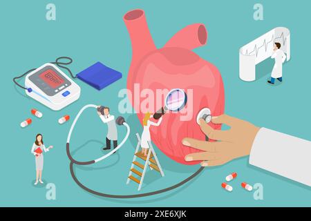 Illustrazione concettuale piatta isometrica 3D della salute del cuore, verifica dello specialista di cardiologia professionale 3D Concep piatta isometrica Foto Stock