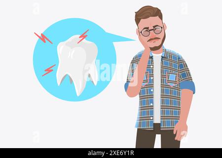 Illustrazione concettuale piatta di Tooth Pain, Sad Man Touch His Cheek e Feel Aroful Bad Tooth Flat Conceptual Illustration Foto Stock