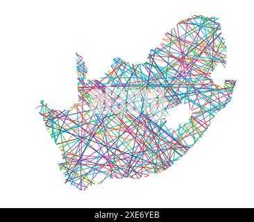 Mappa astratta del Sud Africa che mostra il paese con linee colorate casuali come una ragnatela Illustrazione Vettoriale