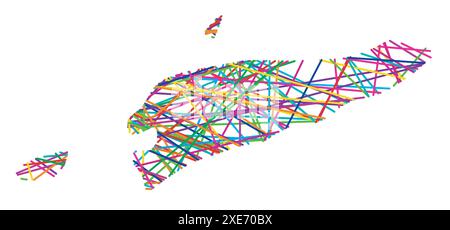 Mappa astratta di Timor Est che mostra il paese con linee colorate incrociate casuali come una ragnatela Illustrazione Vettoriale