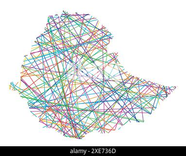 Mappa astratta dell'Etiopia che mostra il paese con linee colorate incrociate casuali come una ragnatela Illustrazione Vettoriale