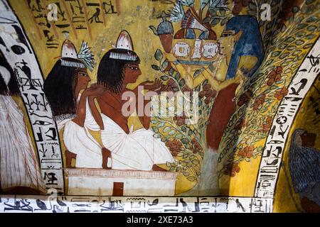 Dipinti murali, Tomba di Sennedjem, TT1, Deir el-Medina, Antica Tebe, sito Patrimonio dell'Umanità dell'UNESCO, Luxor, Egitto, Nord Africa, Africa Copyright: Rich Foto Stock