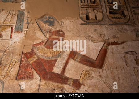 Rilievo del faraone, Cappella della divinità, grande Ipostilo, Medinet Habu, Tempio Mortuario di Ramses III, 1187-56 a.C., Antica Tebe, Patrimonio dell'Umanità dell'UNESCO si Foto Stock