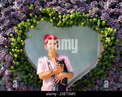 Sa Pa Town, Vietnam - 20 febbraio 2024: La turista e il cane Chihuahua sono molto felici accanto al succulento muro di alberi a forma di cuore in primavera sul Foto Stock