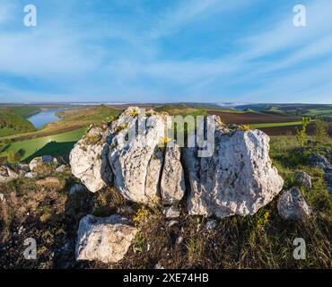 Ucraina senza aggressione russa. Splendida vista sulle sorgenti del Dnister River Canyon con rocce pittoresche, campi e fiori. THI Foto Stock