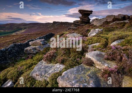 La formazione rocciosa Salt Cellar in estate, Derwent Edge, Peak District National Park, Derbyshire, Inghilterra, Regno Unito, Europa Foto Stock