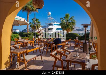 Vista delle barche e del ristorante a Hurghada Marina, Hurghada, Governatorato del Mar Rosso, Egitto, Nord Africa, Africa Foto Stock