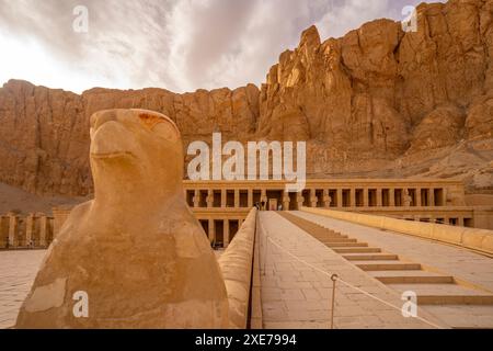 Vista del Tempio Mortuario di Hatshepsut, sito patrimonio dell'umanità dell'UNESCO, Deir el-Bahari, Tebe, Egitto, Nord Africa, Africa Foto Stock