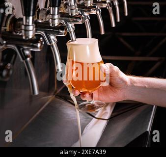 Il barista versa birra fresca nel bicchiere nel pub Foto Stock