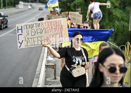 Non esclusiva: ZAPORIZHZHIA, UCRAINA - 23 GIUGNO 2024 - un attivista porta un cartello mentre si fa campagna per il personale militare prigioniero della Mariupol Foto Stock