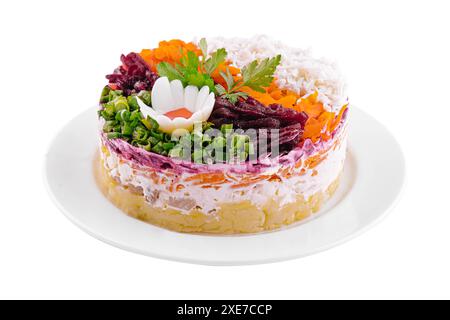 Insalata a strati con barbabietole, aringhe, carote e patate sul piatto Foto Stock