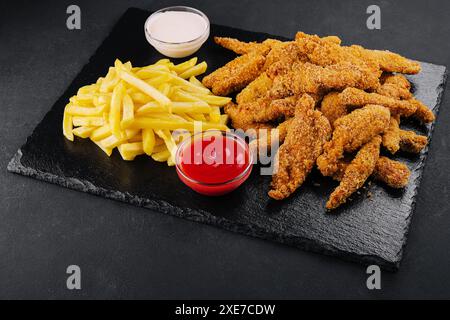 Pollo fritto, pepite e patatine fritte Foto Stock