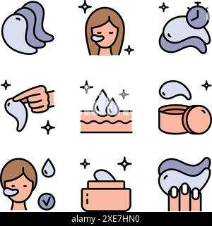 Set di icone colorate per patch di gel per occhi. Semplici illustrazioni della maschera oculare. Collezione di segni dei prodotti per la cura di tendenza. Segni vettoriali isolati piatti impostati su dorso bianco Illustrazione Vettoriale