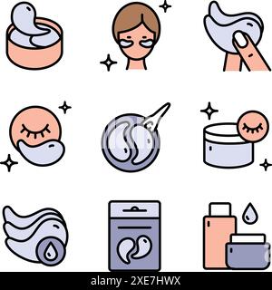 Set di icone colorate per patch di gel per occhi. Semplici illustrazioni della maschera oculare. Collezione di segni dei prodotti per la cura di tendenza. Segni vettoriali isolati piatti impostati su dorso bianco Illustrazione Vettoriale