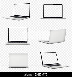 Modello di computer portatile. Notebook realistico in diverse posizioni. Illustrazione vettoriale. Illustrazione Vettoriale