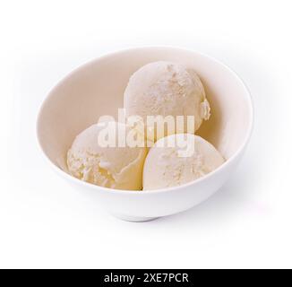 Palline di gustoso gelato alla vaniglia nel recipiente Foto Stock