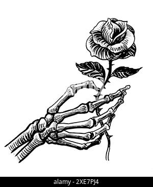 Scheletro umano che tiene un fiore di rosa. Illustrazione in bianco e nero con inchiostro retrò disegnato a mano Foto Stock