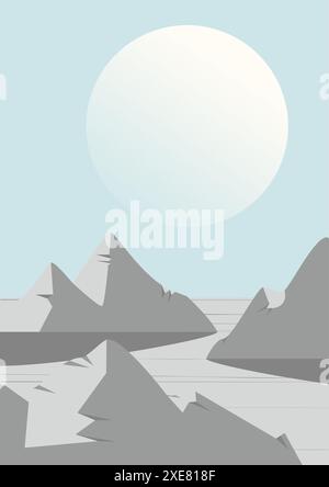 Valle rocciosa dal design minimalista con poster del tramonto. Paesaggio montano con le cime Illustrazione Vettoriale