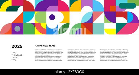 Combinazione di forme geometriche astratte bauhaus per banner orizzontale Happy New Year 2025. Poster decorativo grafico in stile retrò. Opere d'arte moderne e alla moda. Semplice stampa eps vintage colorata Illustrazione Vettoriale